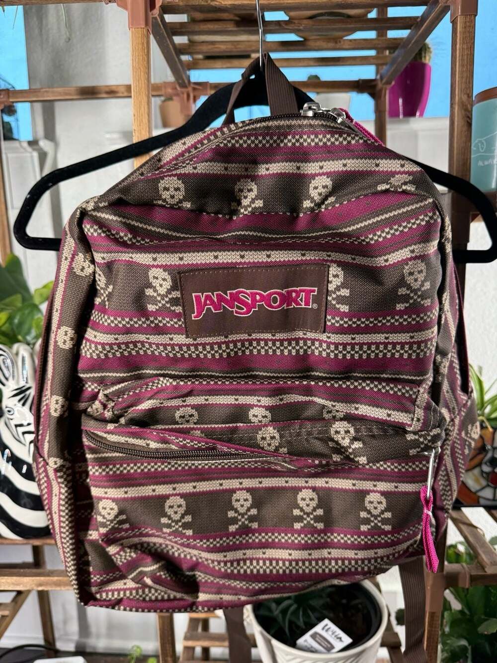 JanSport SuperBreak Backpack Brown Pink Skull Fair Isle Pattern